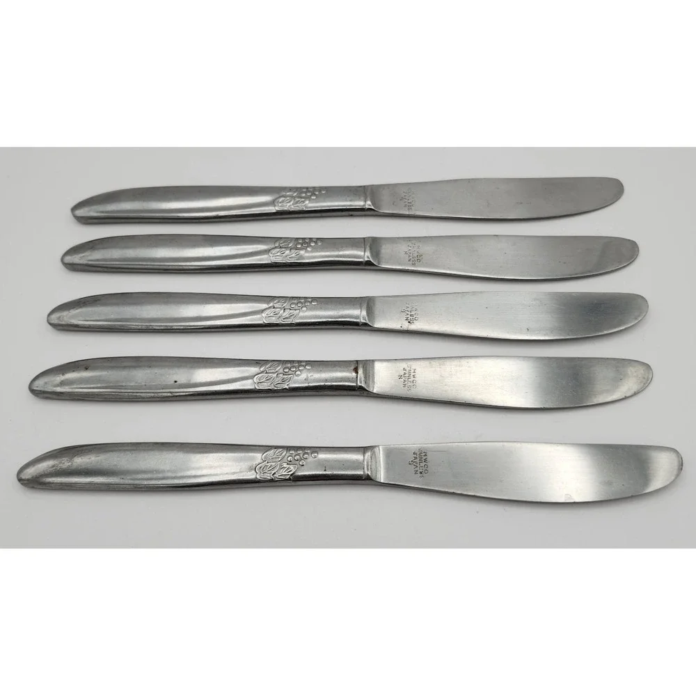 MWCO Dinner Knives Set 5 Silver Grape Vine Pattern Stainless Japan MCM Farmhouse